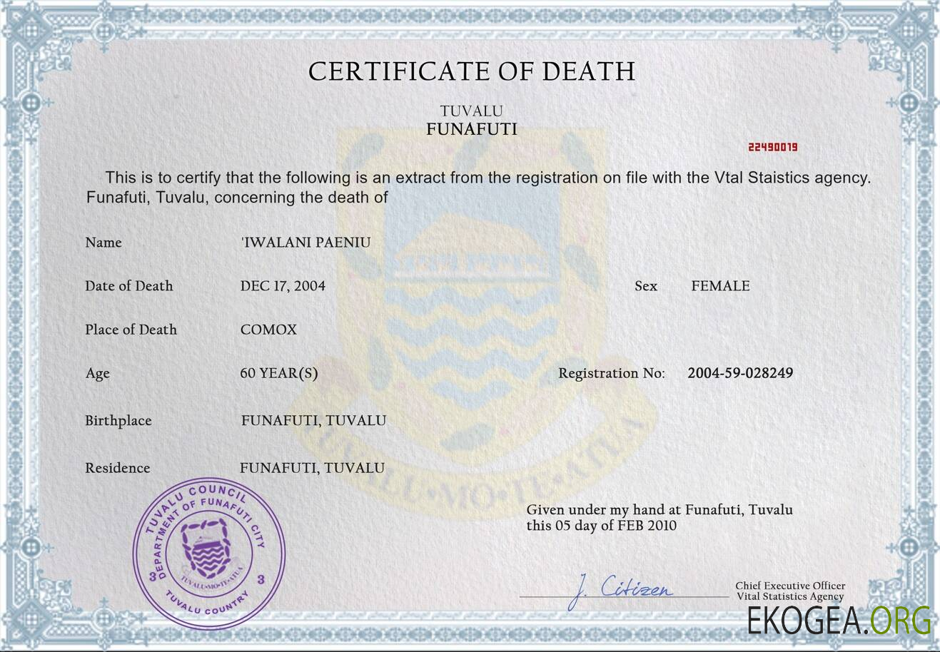 Modèle PSD de certificat de décès de l'état civil de Tuvalu